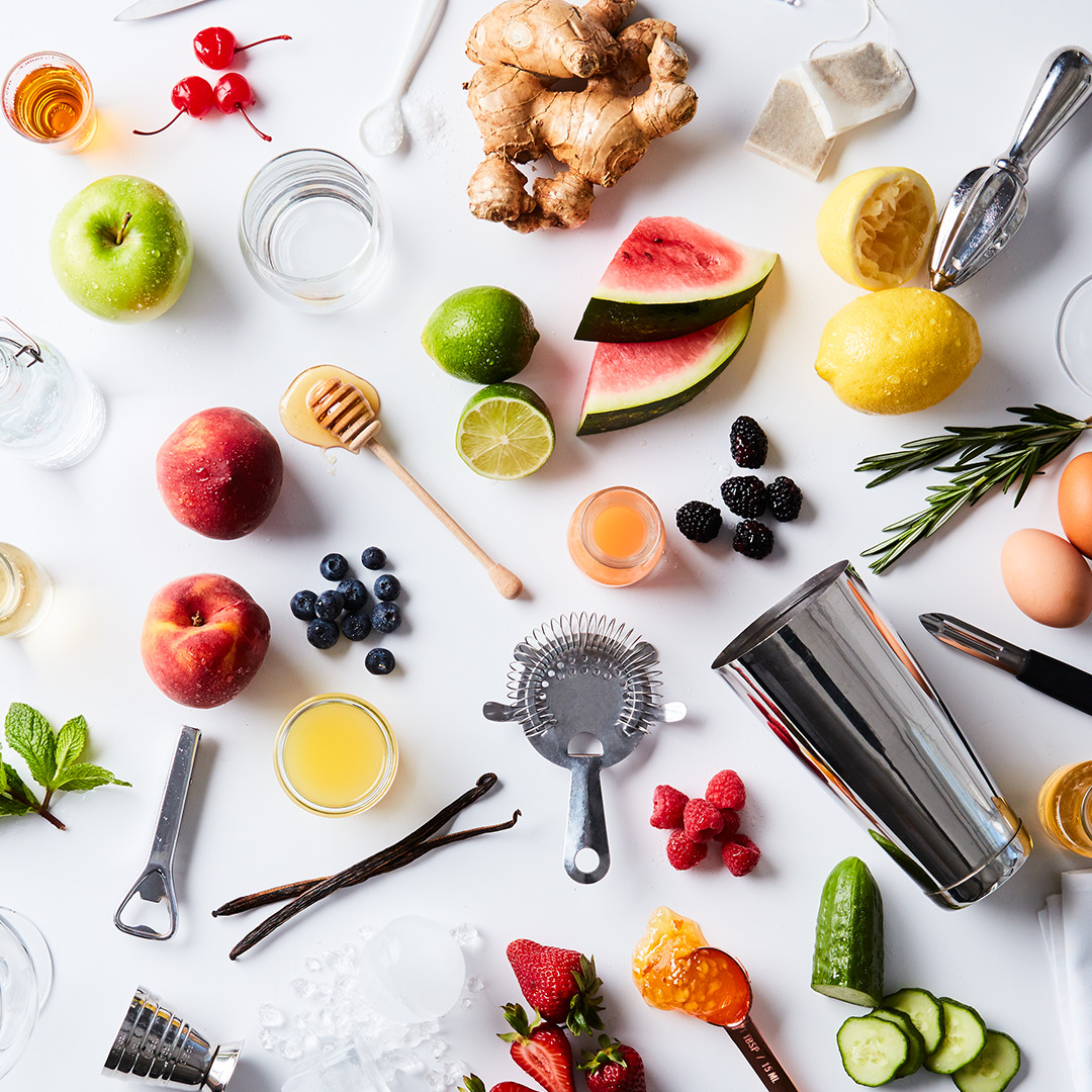 Tools and ingredients for making cocktails.