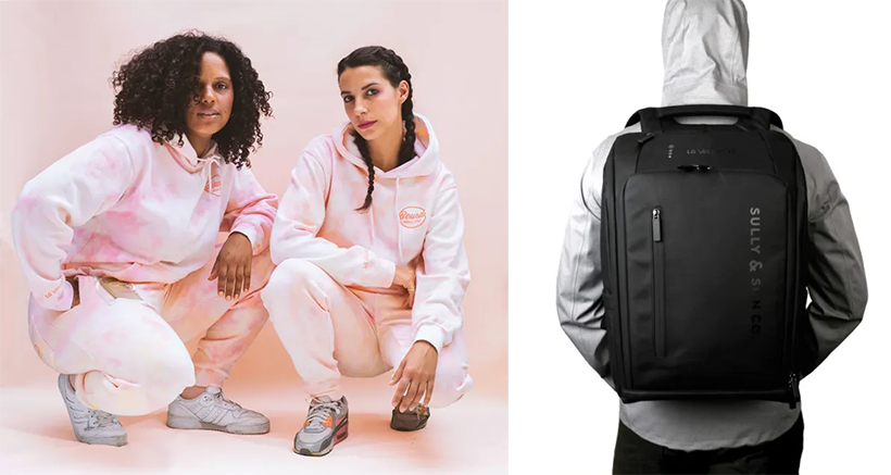 Images from the LG VELVET Time Capsule collection. On the left, two women wear pink sweatsuits. On the right, a sleek black backpack.
